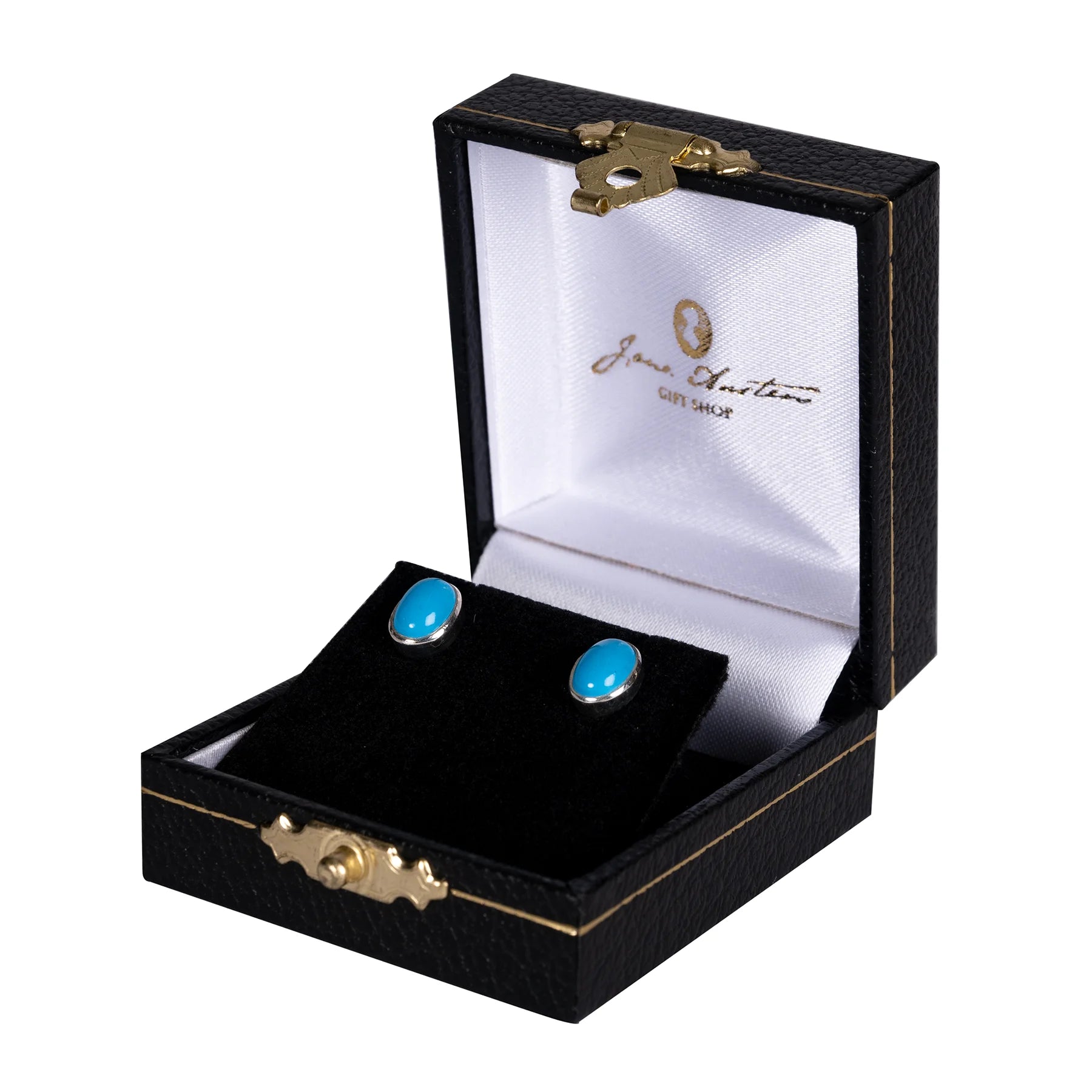 Jane Austen Turquoise Earrings in a block jewellery box