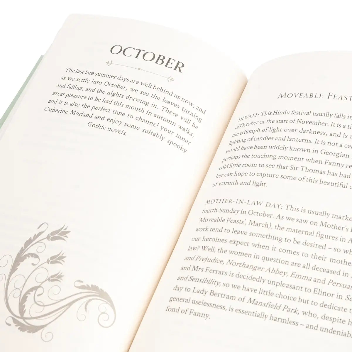 Open book with text and decorative elements on a white background