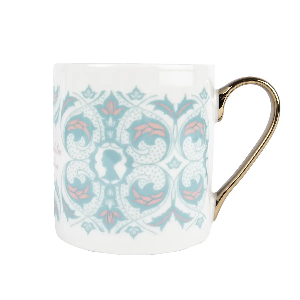 Mug with decorative pattern and gold handle on a white background