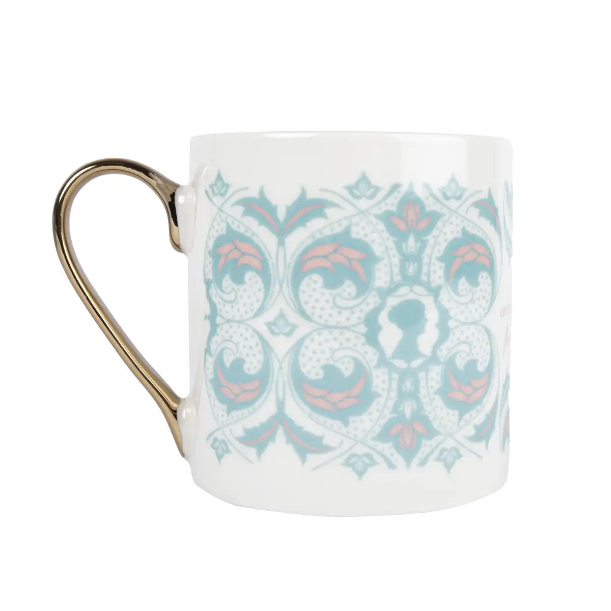 White mug with decorative pattern and gold handle on a white background
