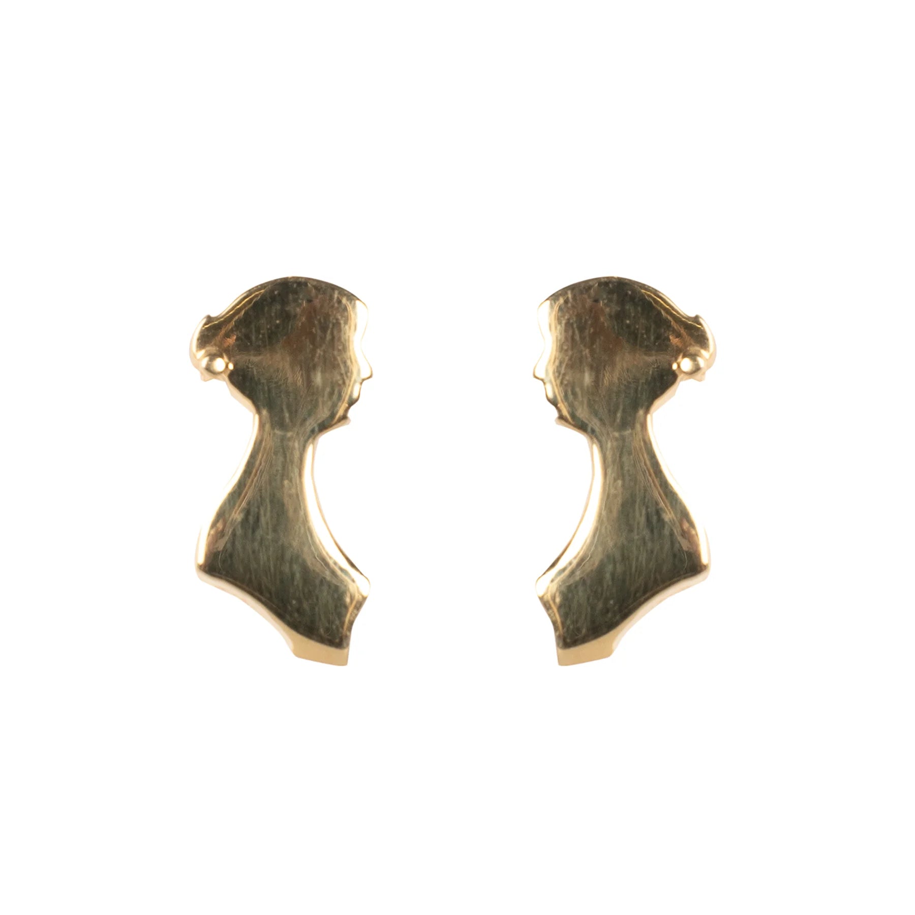 Close up of Gold Plated earrings in the shape of jane Austen's silhouette