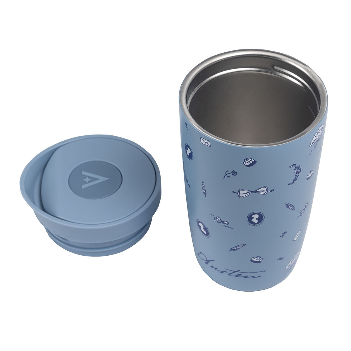 Blue Travel cup and lid, with icons of a quill, a fan and the famous silhouette of Jane Austen