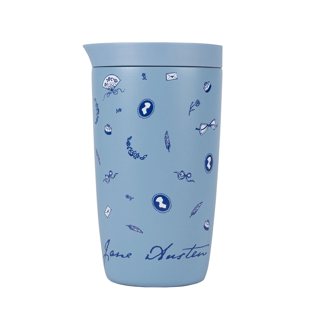 Blue Travel cup, with icons of a quill, a fan and the famous silhouette of Jane Austen