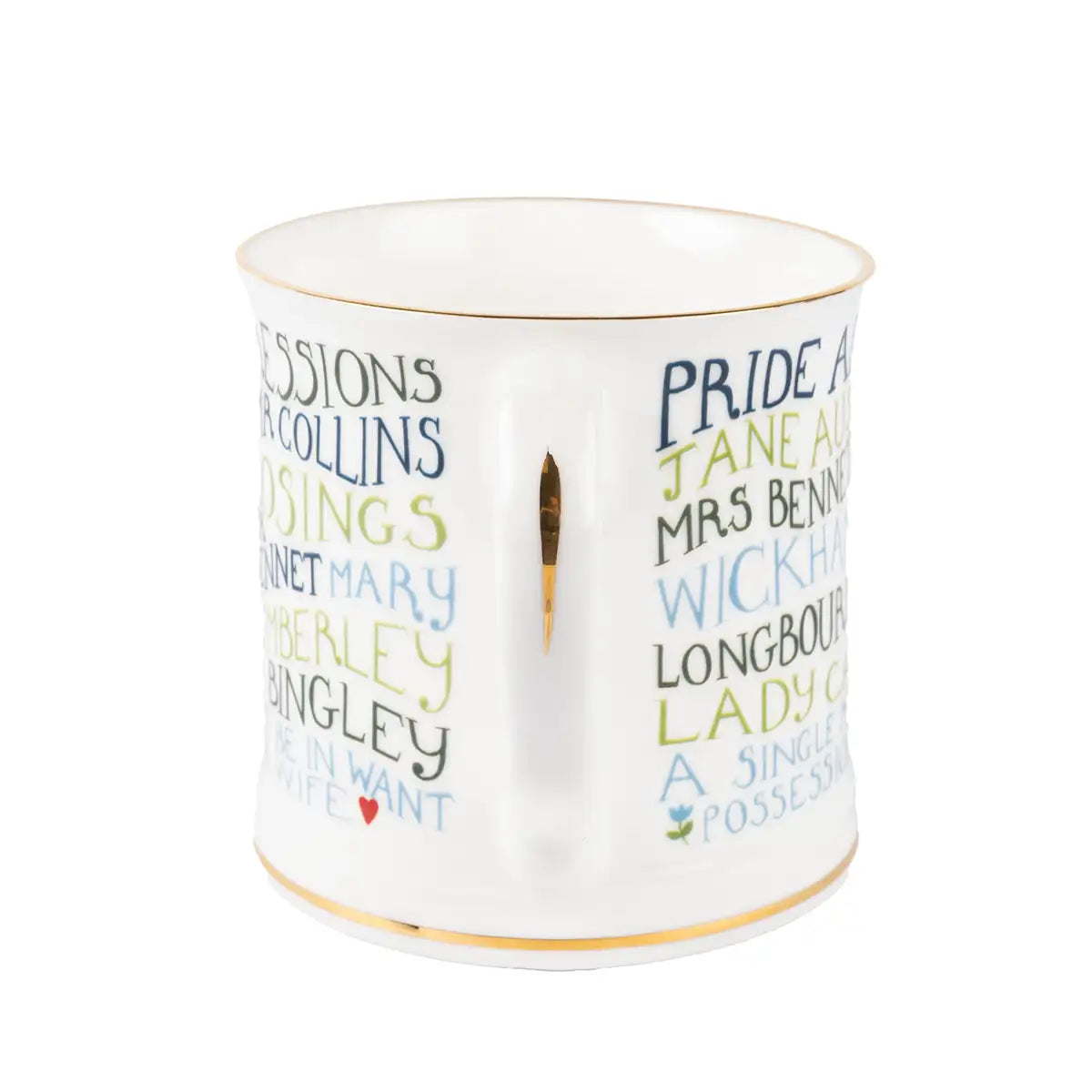 Ceramic mug with literary names printed on a white background