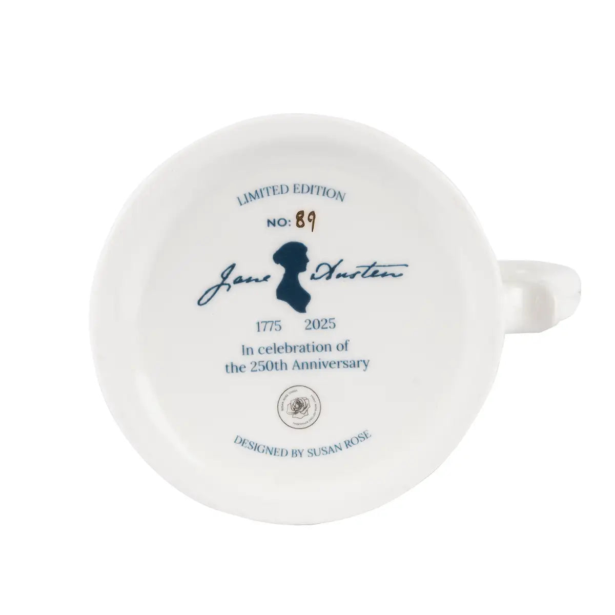 White mug with Jane Austen design - limited edition no. 89 - and text on a white background