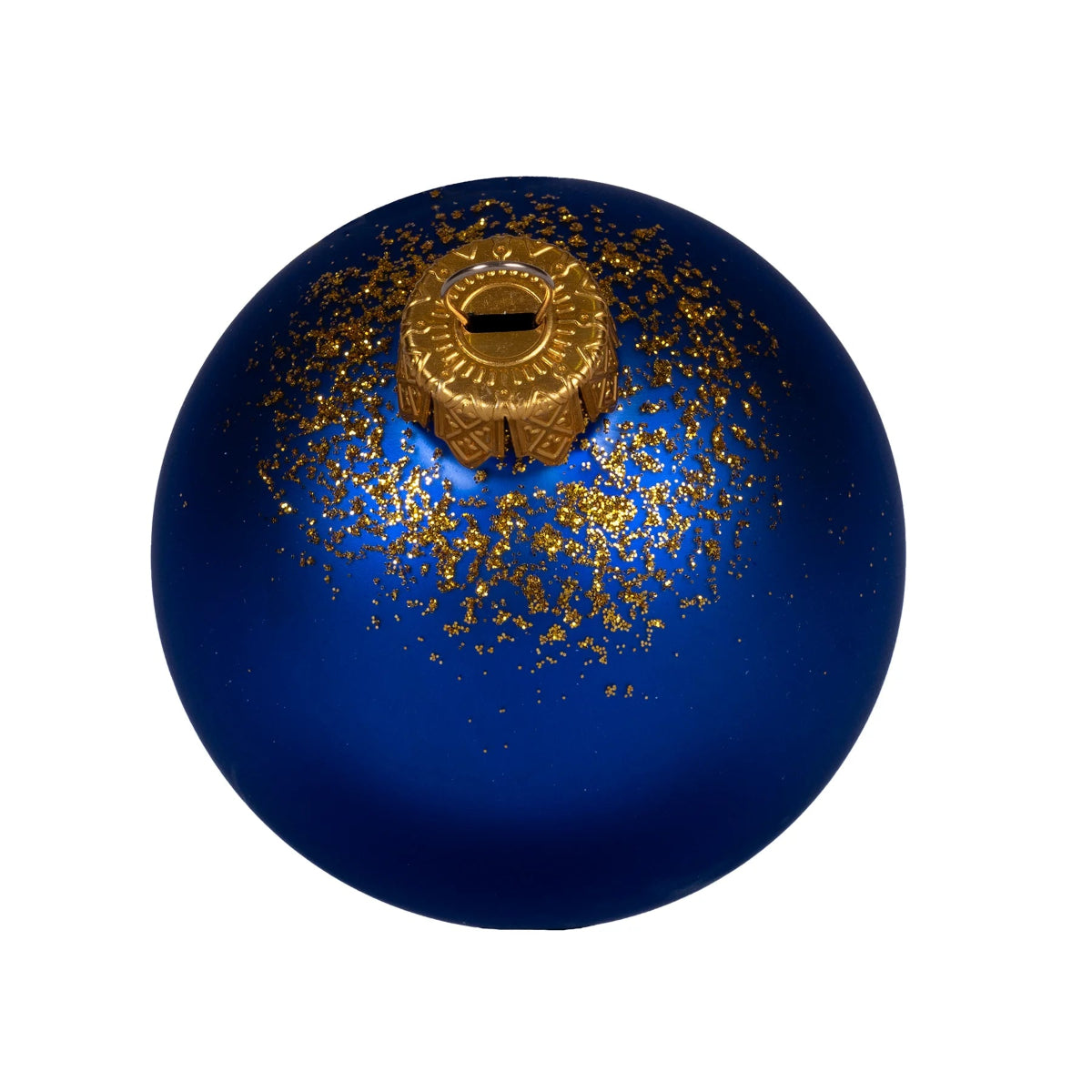 Top down view of a bauble, showing the gold coloured bauble cap and sprinkling of gold glitter. It is on a white background.