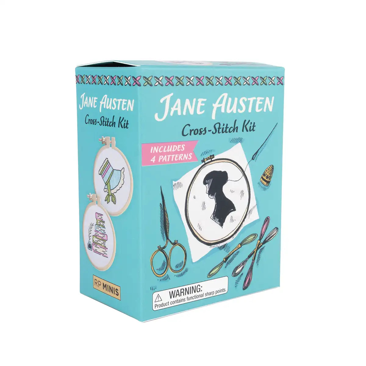 Jane Austen cross-stitch kit packaging with illustrations of embroidery hoops and tools on a blue background.