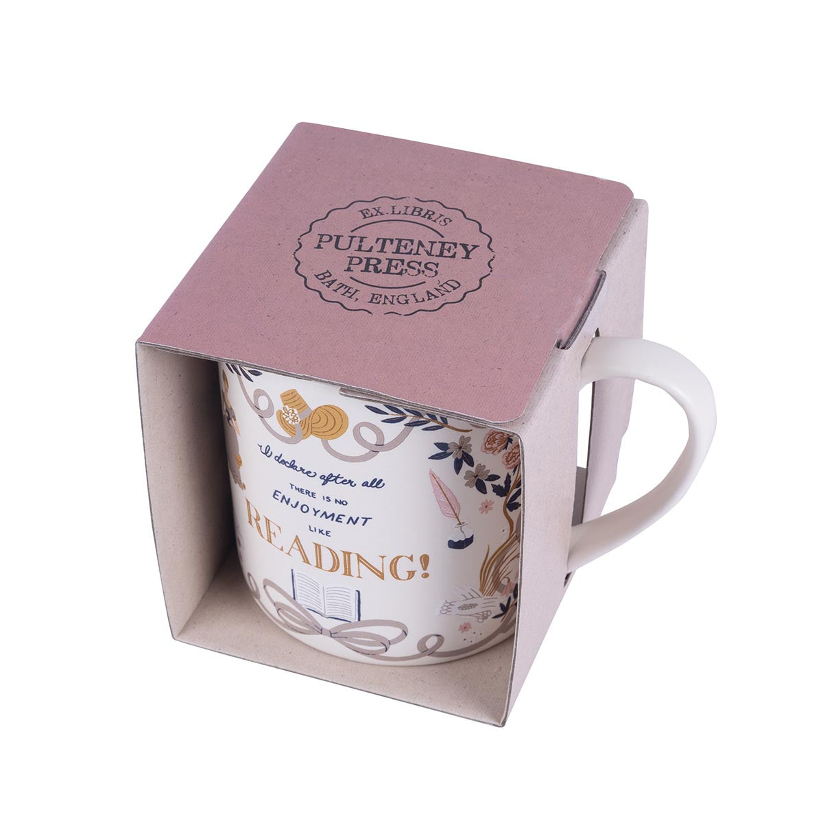 The mug sealed in an open-sided box, with the words 'Ex. Libris Pulteney Press. Bath, England' stamped on the top of the box.