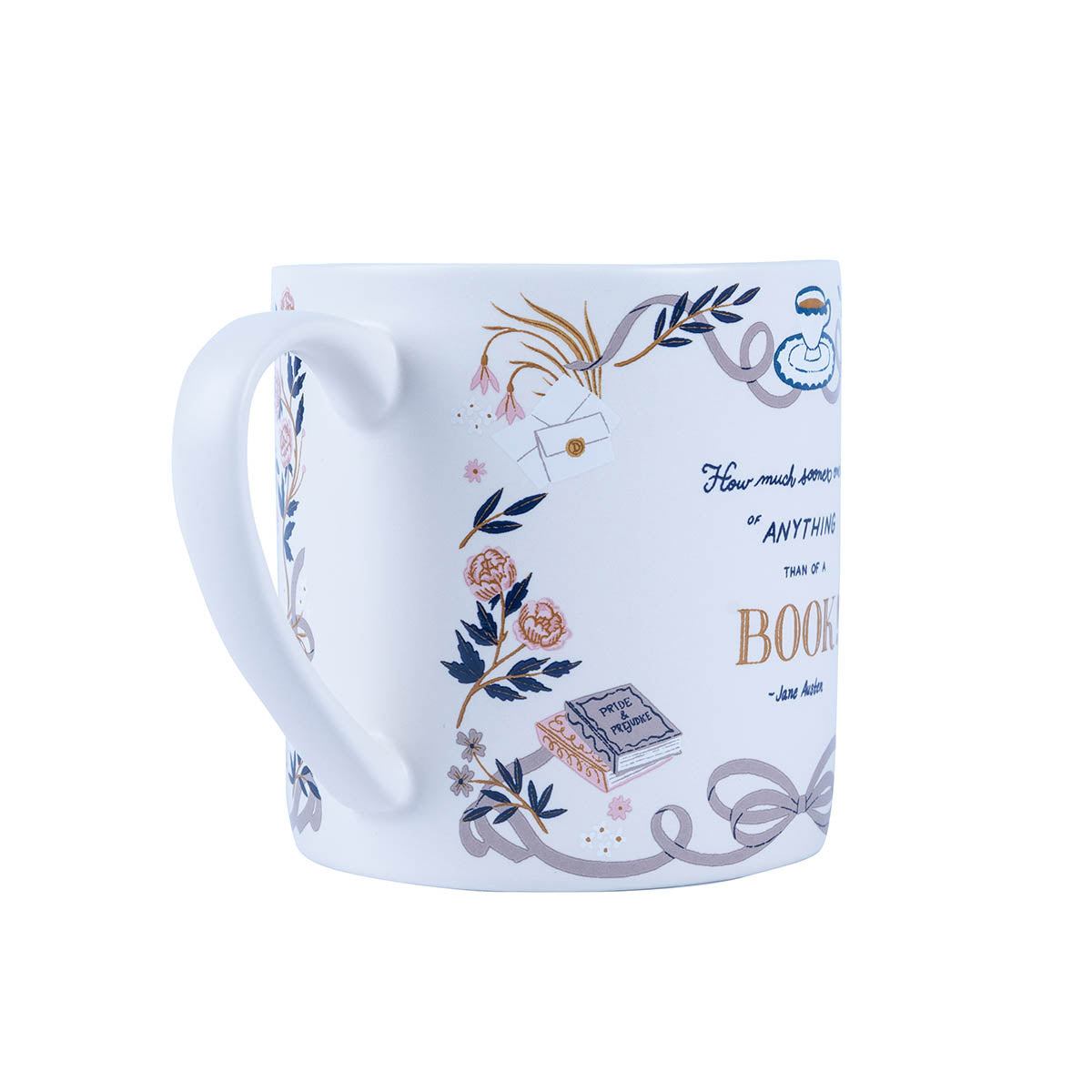 Side view of the Jane Austen quote mug.