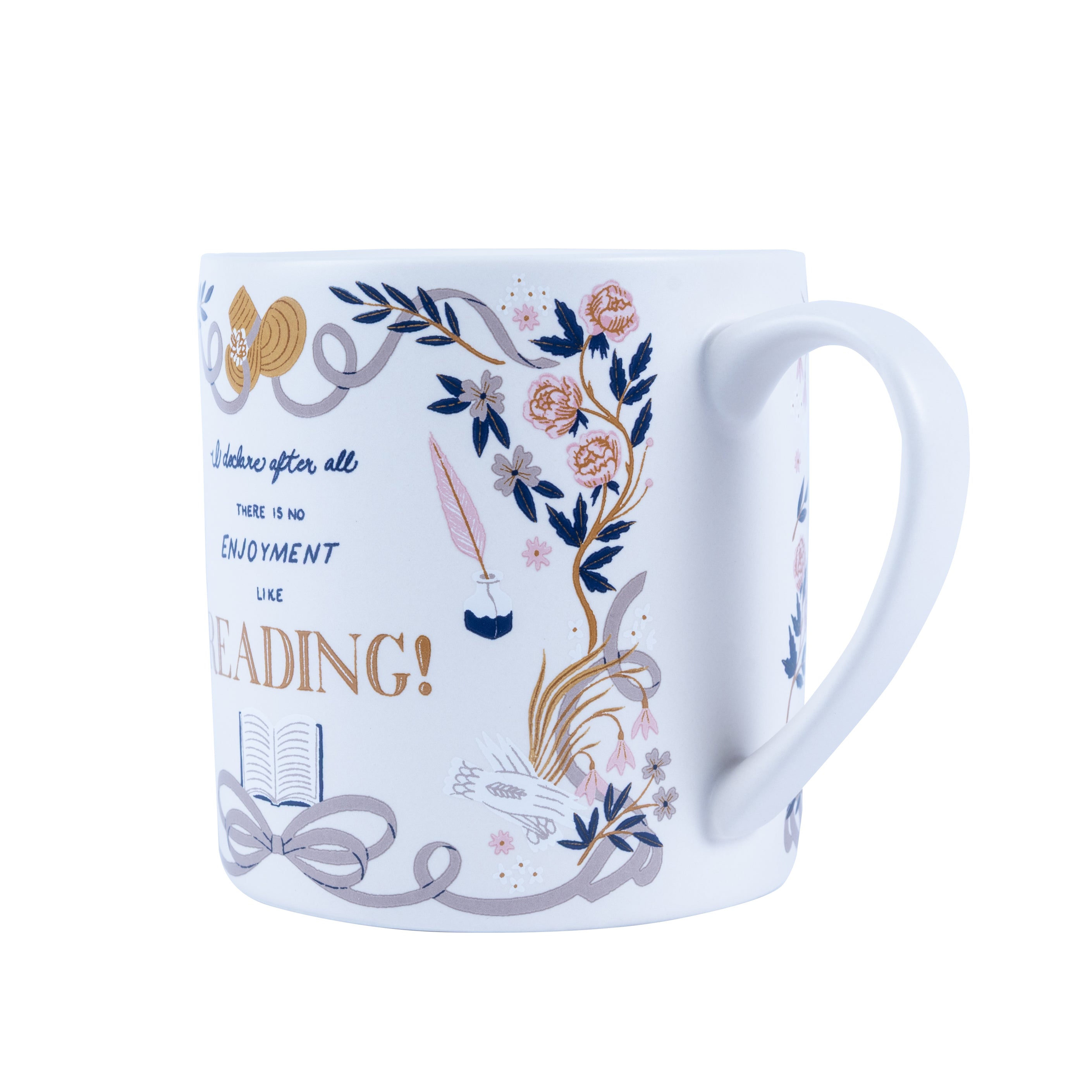 Second side view of Jane Austen mug. Image shows the white handle.