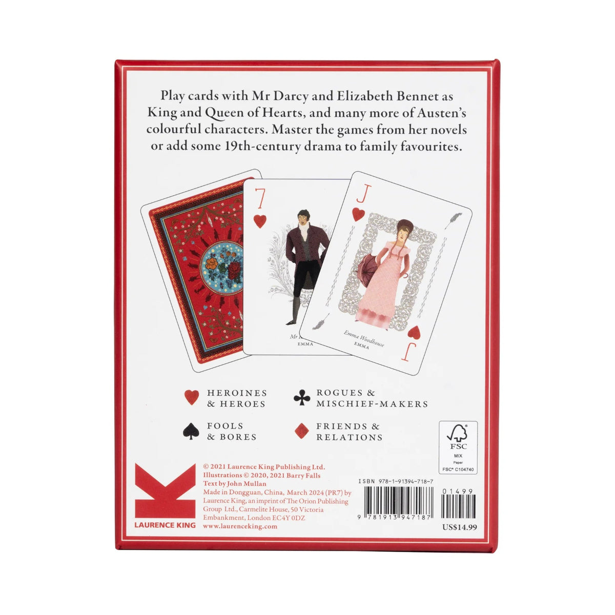 Back of the box for Jane Austen playing cards, showing examples of the cards inside.