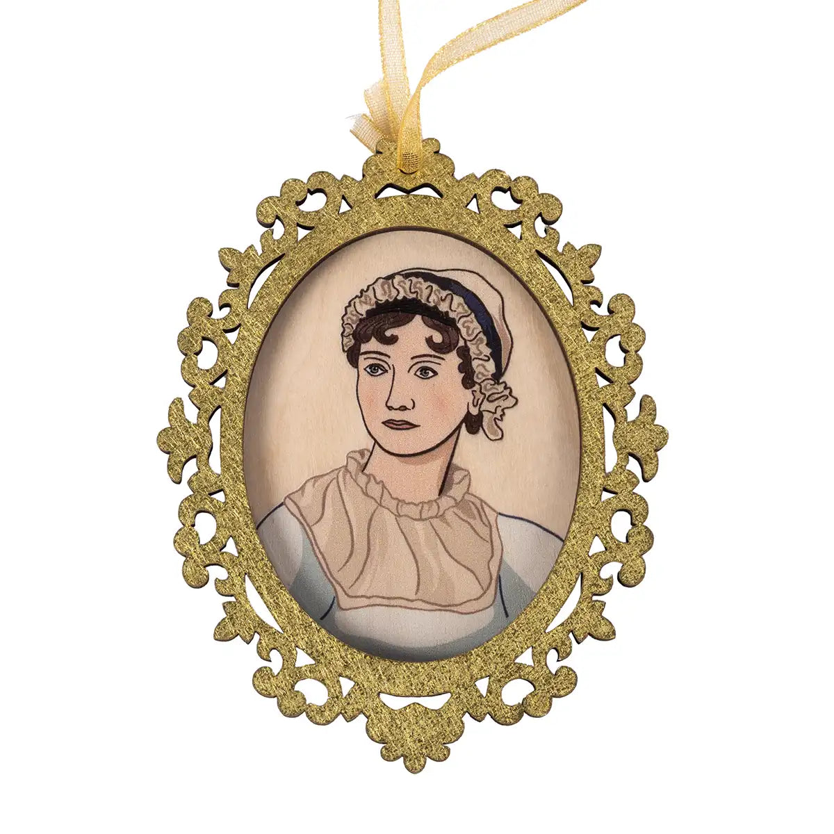 Wooden golden frame around Jane Austen. Made from wood
