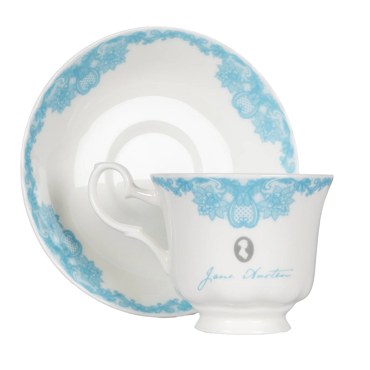 White and blue bone china pride and prejudice teacup and saucer against a white background