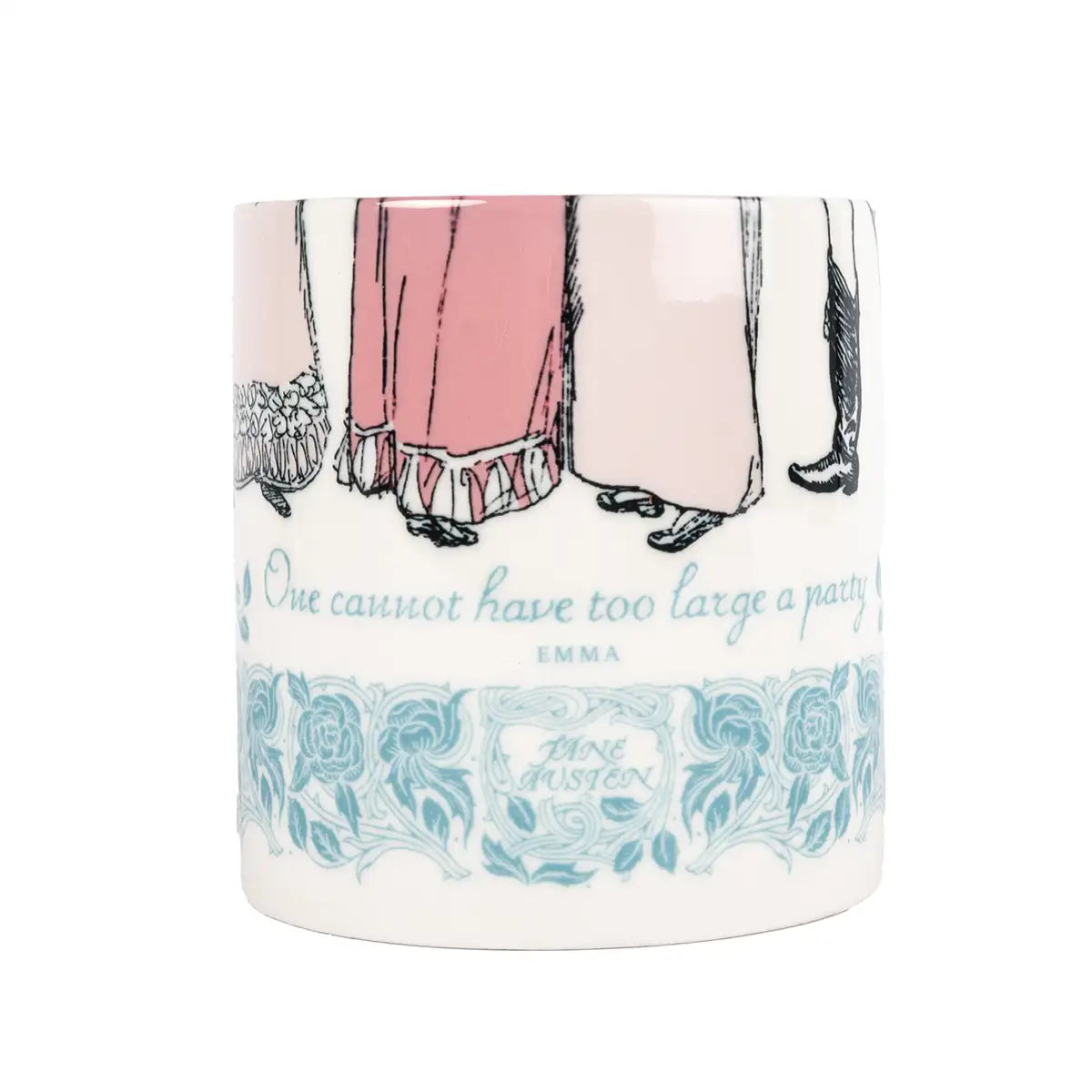 Mug with decorative design of legs and floral pattern with a gold handle.