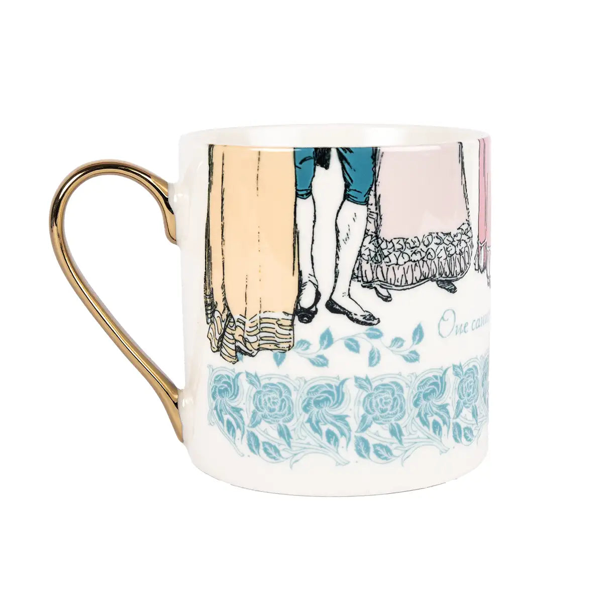 Mug with decorative design of legs and floral pattern with a gold handle.