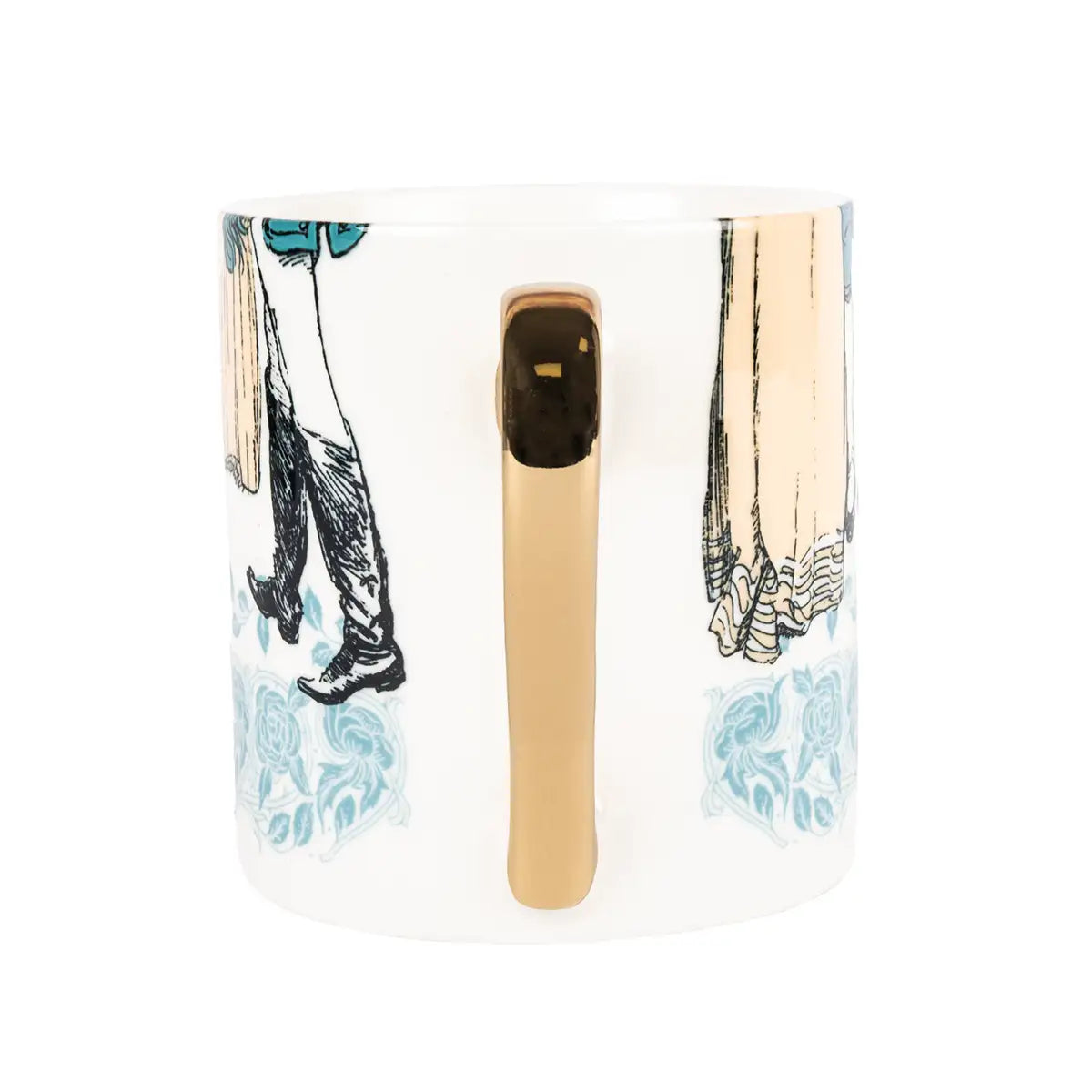 Mug with decorative design of legs and floral pattern with a gold handle.