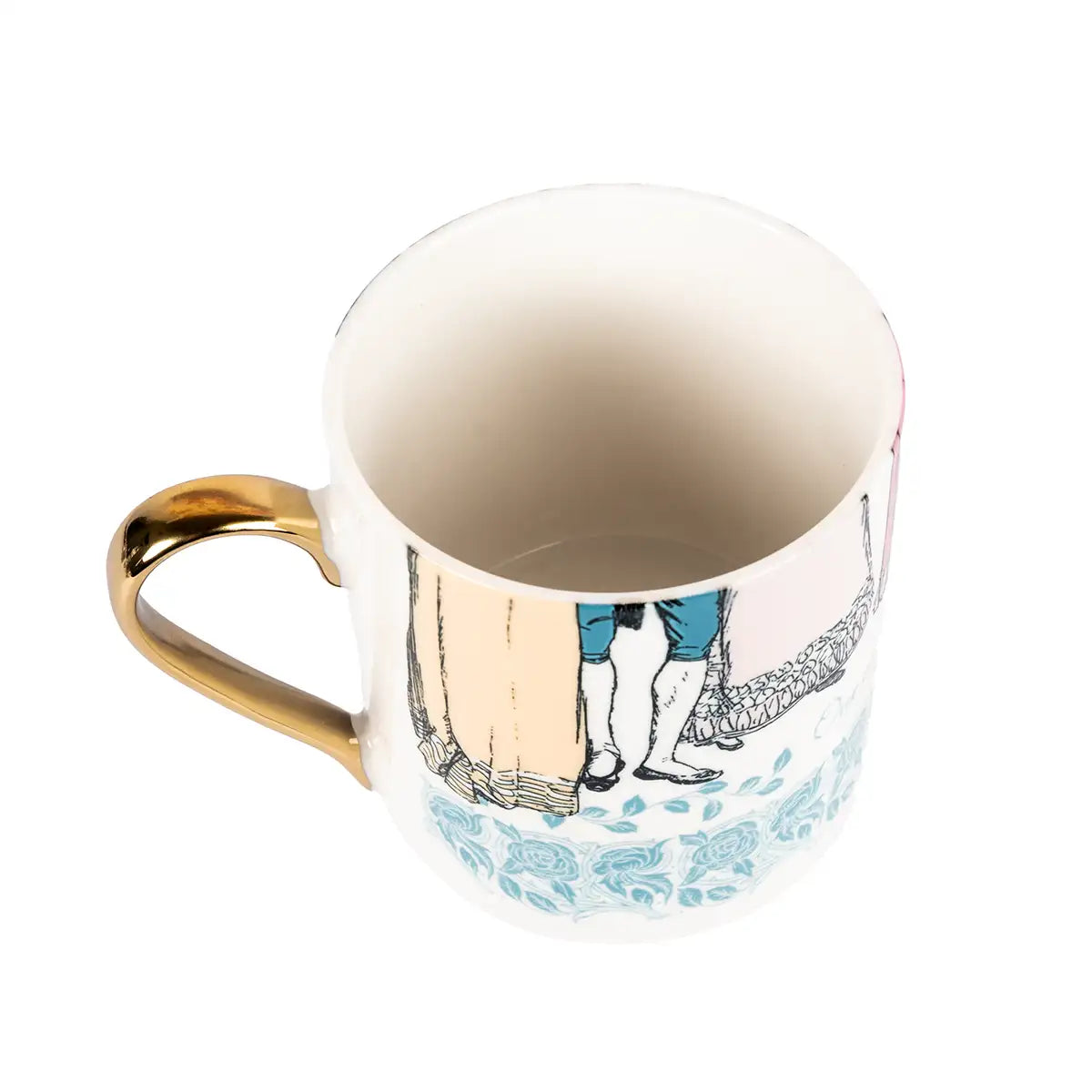Above view of mug with decorative design of legs and floral pattern with a gold handle.