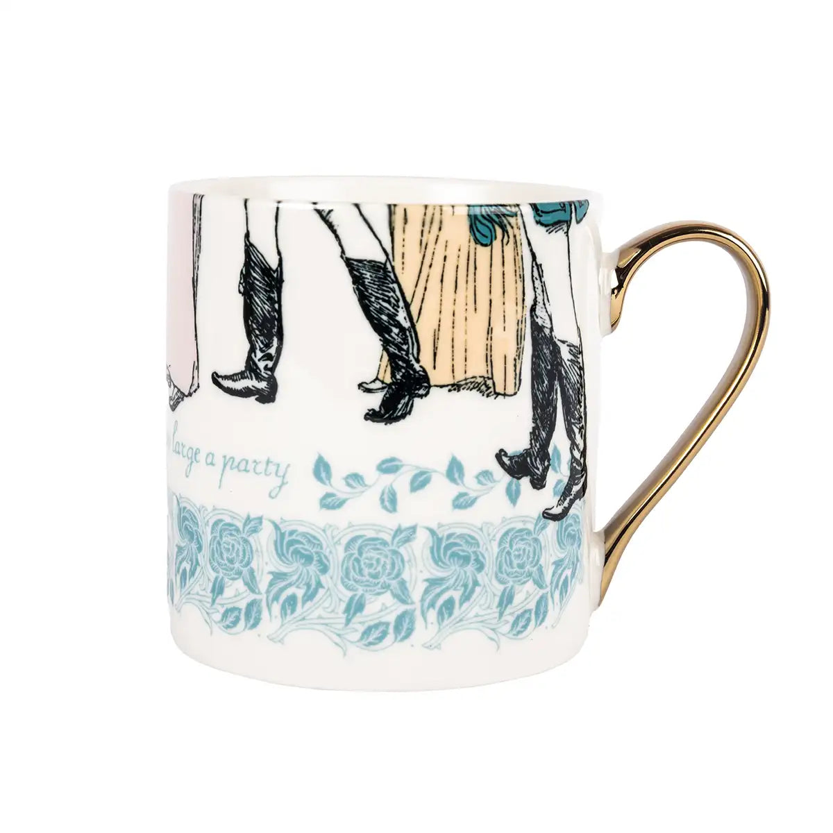 Mug with decorative design of legs and floral pattern with a gold handle.