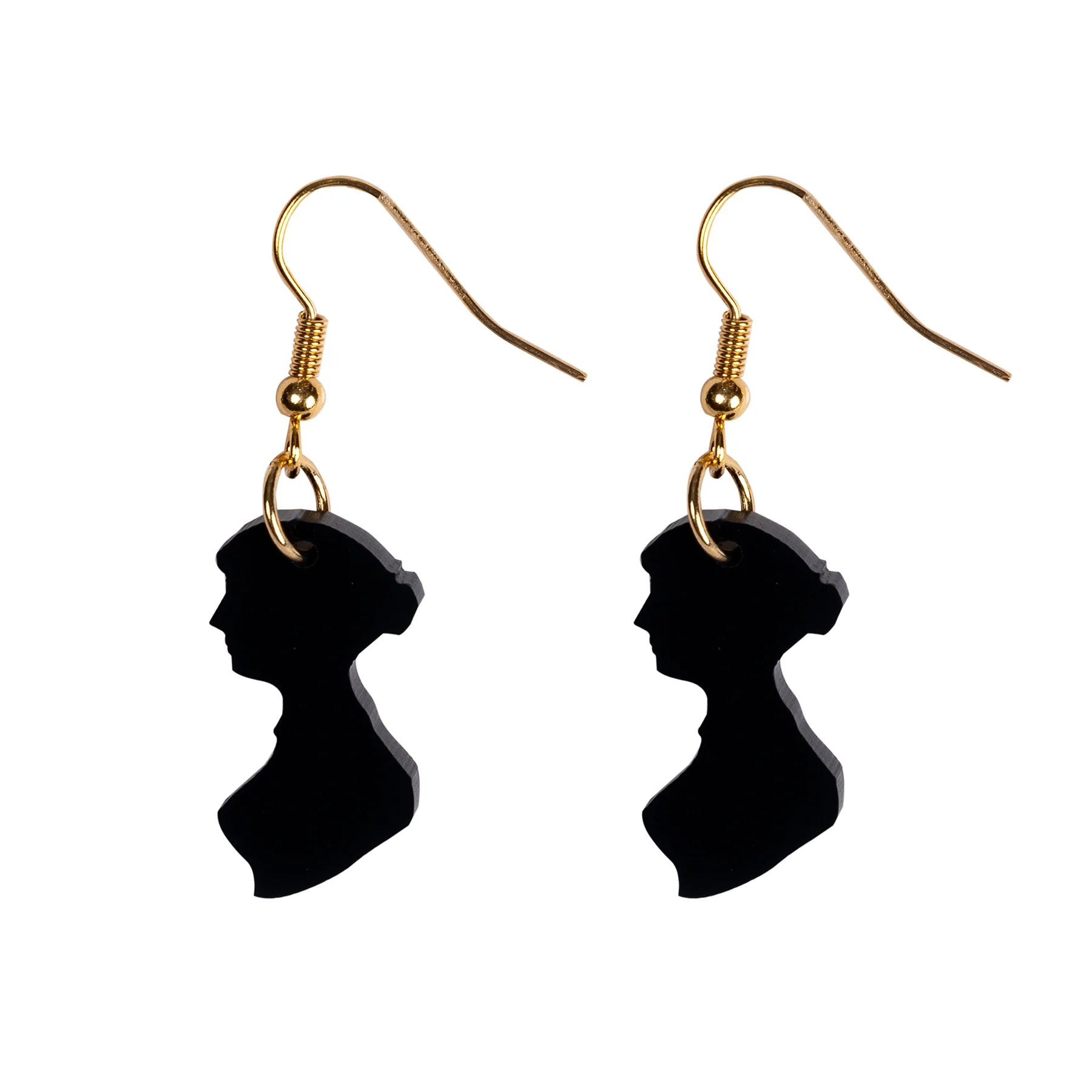 Black acrylic earrings in the shape of Jane Austen's silhouette