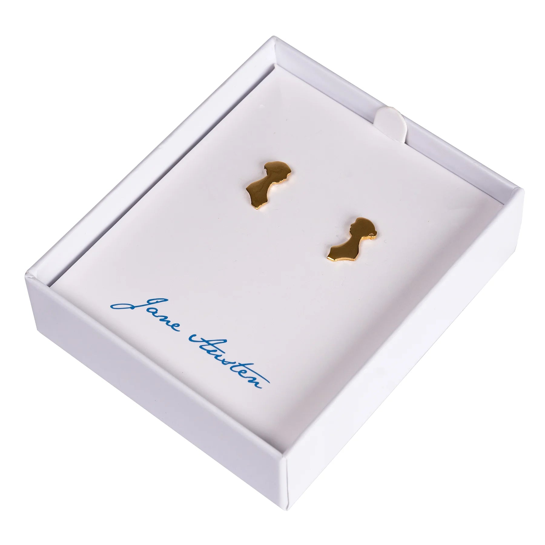 Gold Plated earrings in the shape of jane Austen's silhouette in a white jewellery box