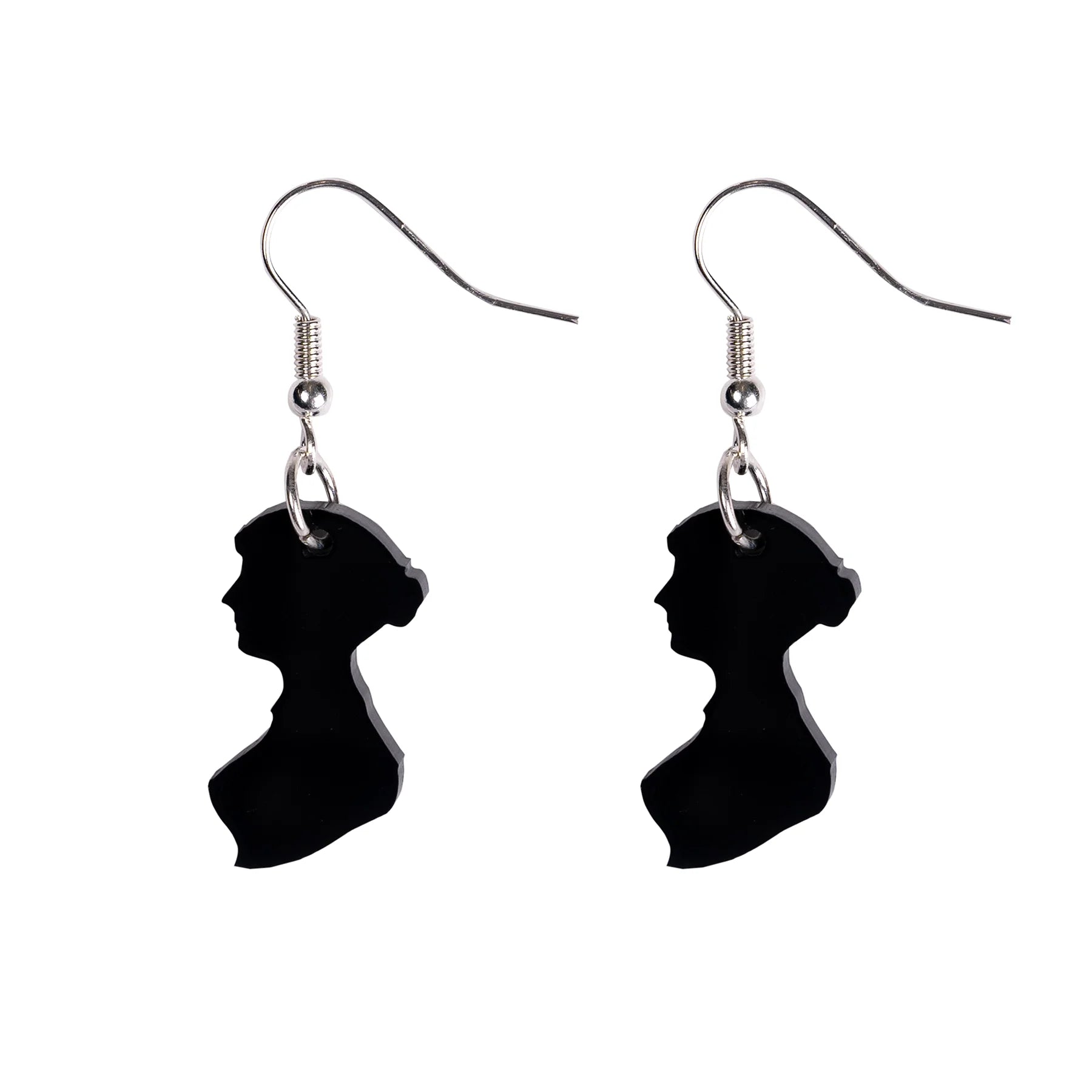 Black acrylic earrings in the shape of Jane Austen's silhouette