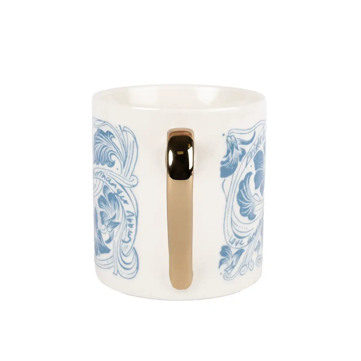 White mug with blue decorative patterns and a gold handle on a white background