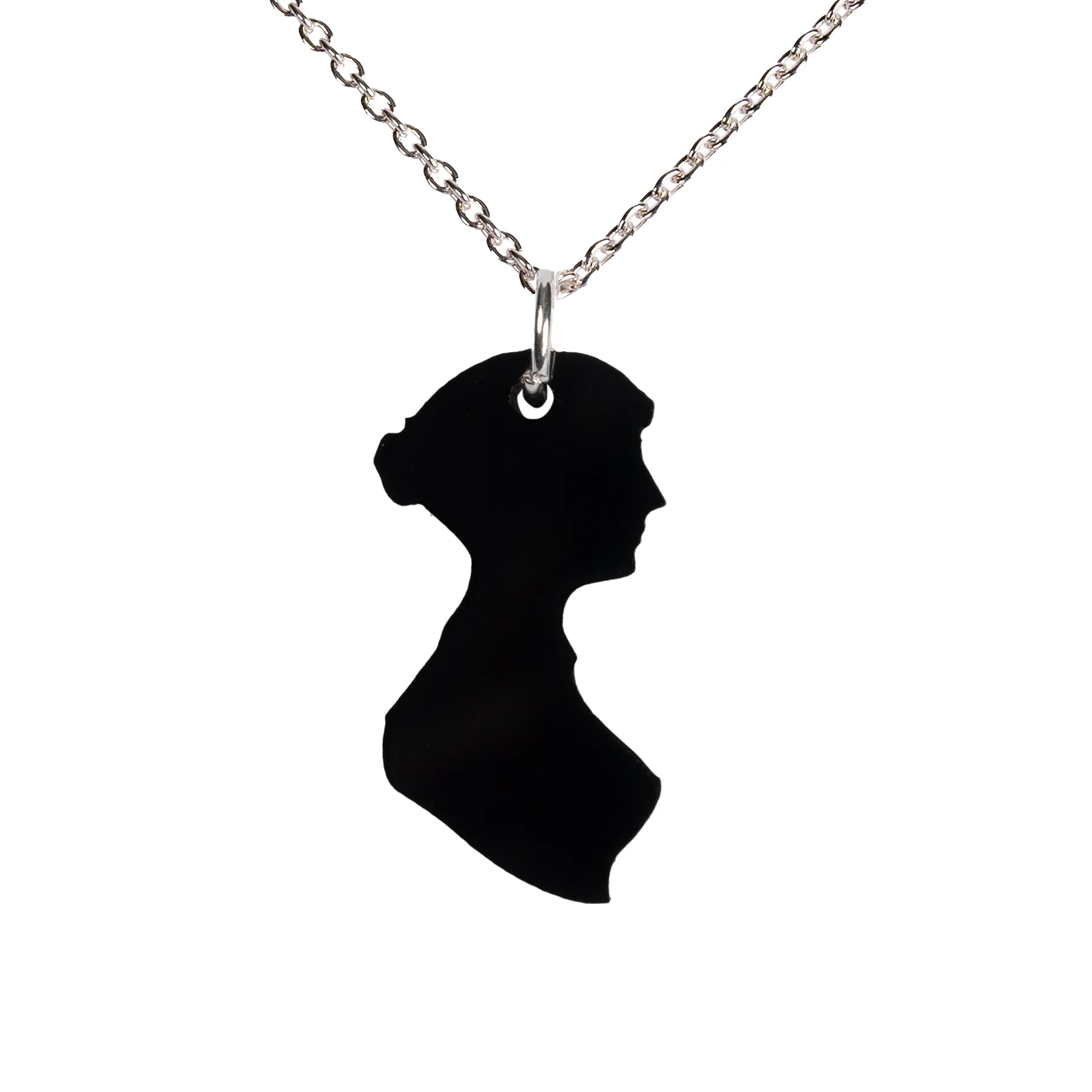 Black acrylic necklace on silver chain  in the shape of Jane Austen's silhouette