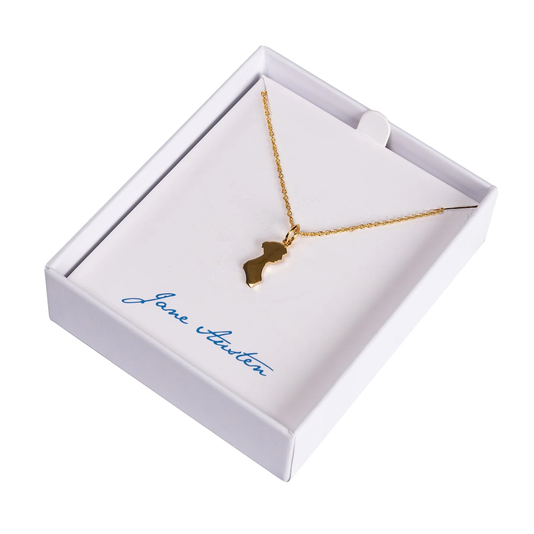 Jane Austen Gold Silhouette Pendant Necklace in White jewellery box