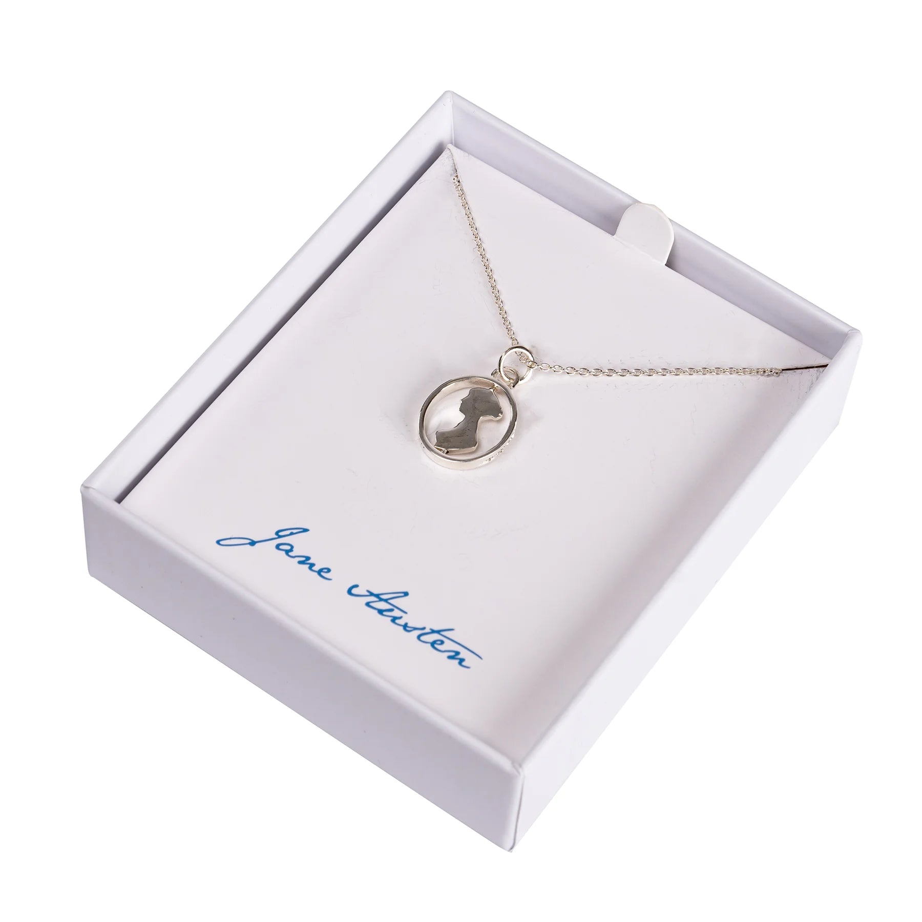 Silver Spinner Necklace showing Jane Austen's Silhouette in a white jewellery box