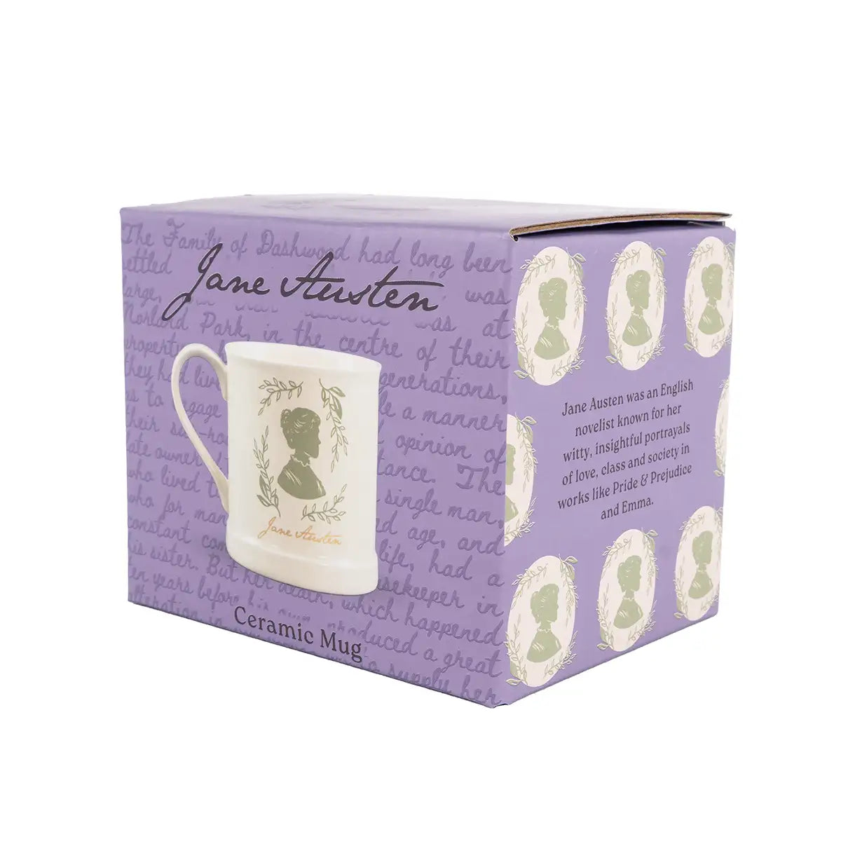 Ceramic mug with Jane Austen design in a box packaging