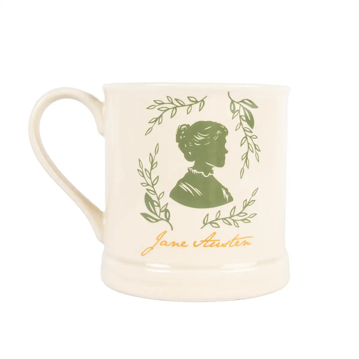 Mug with green silhouette and 'Jane Austen' text on a white background