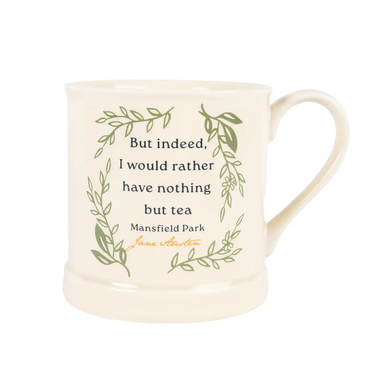 Cream-colored mug with green text and decorative elements on a white background