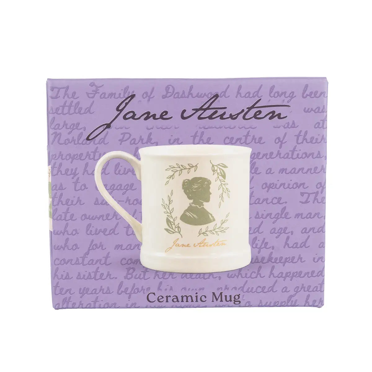 Ceramic mug with Jane Austen design on a purple box with text