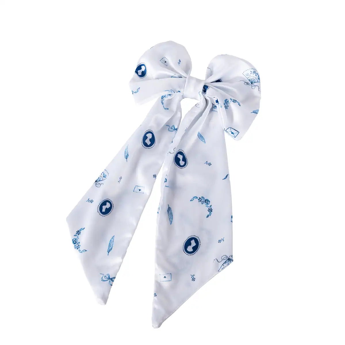 White ribbon with blue patterns tied into a bow on a white background