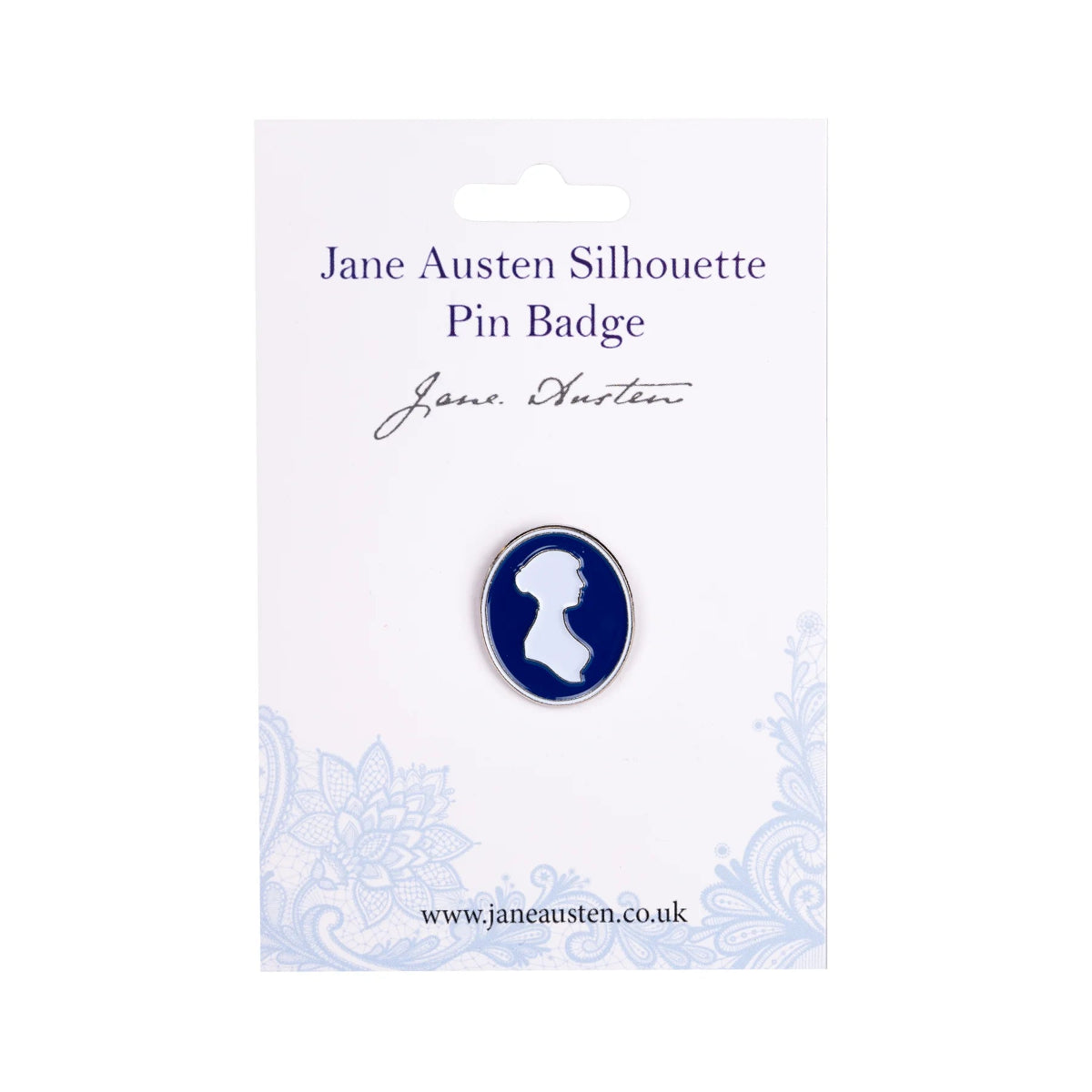 Jane Austen silhouette pin badge on cardboard backing against a white background
