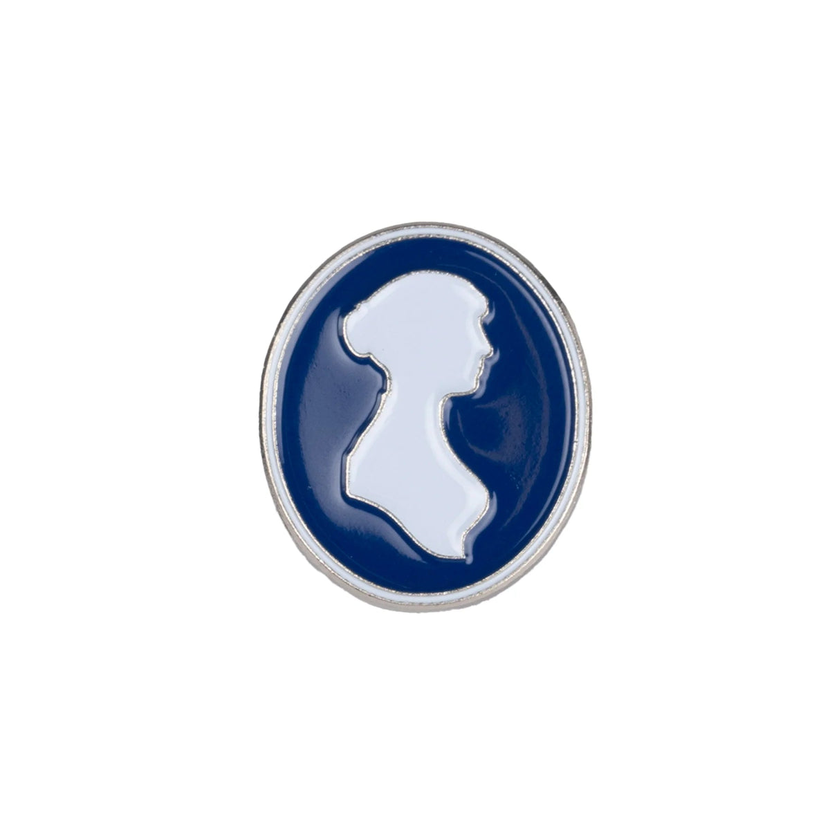 Jane Austen silhouette pin badge against a white background