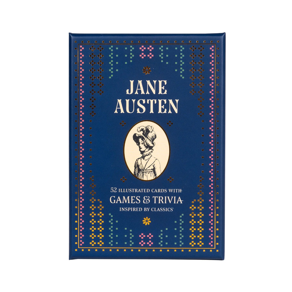 Packaging for Jane Austen Trivia game featuring a navy background with a portrait of Jane Austen and colorful patterns around the border.