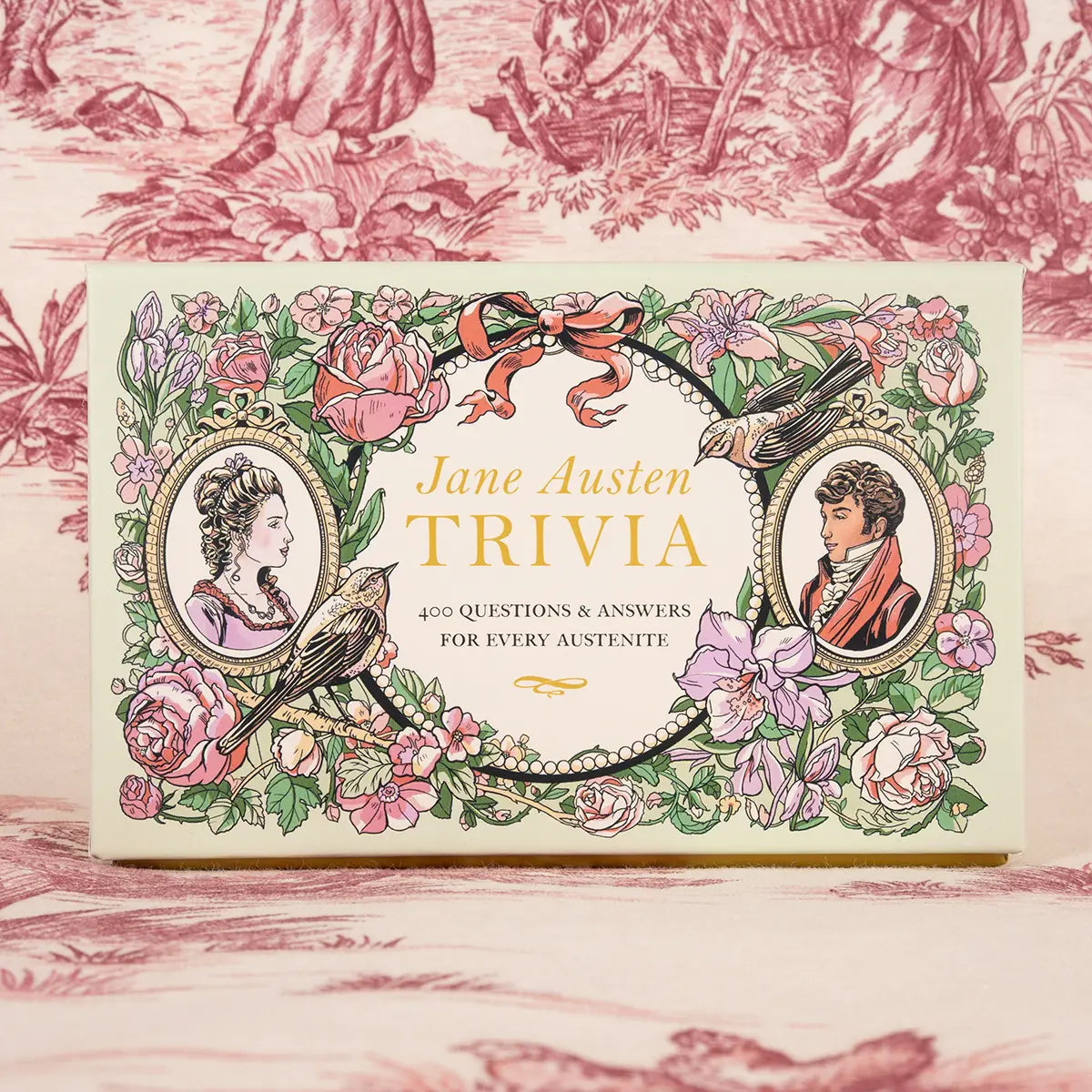 Jane Austen Trivia is decorated with regency illustrations, flowers, birds and ribbons.
