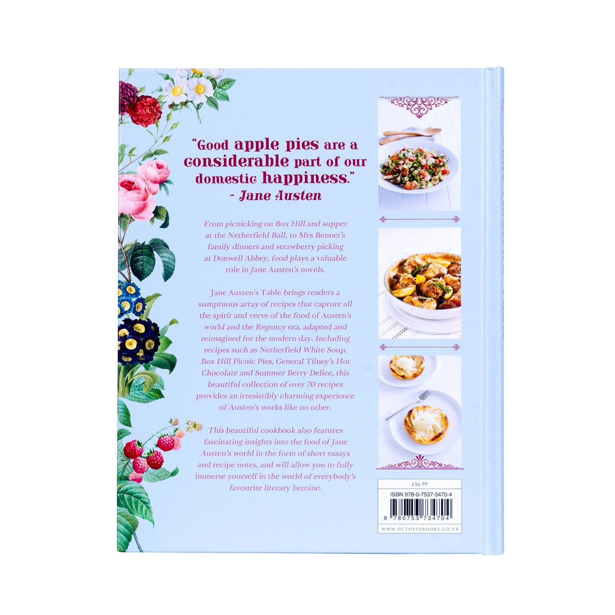 Back of the book, showing the blurb and three images of food.