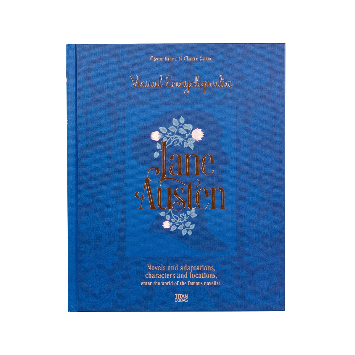 A blue book with the text "Visual Encyclopedia Jane Austen Novels and adaptations, characters and factions, enter the world of the famous novelist" in gold.  