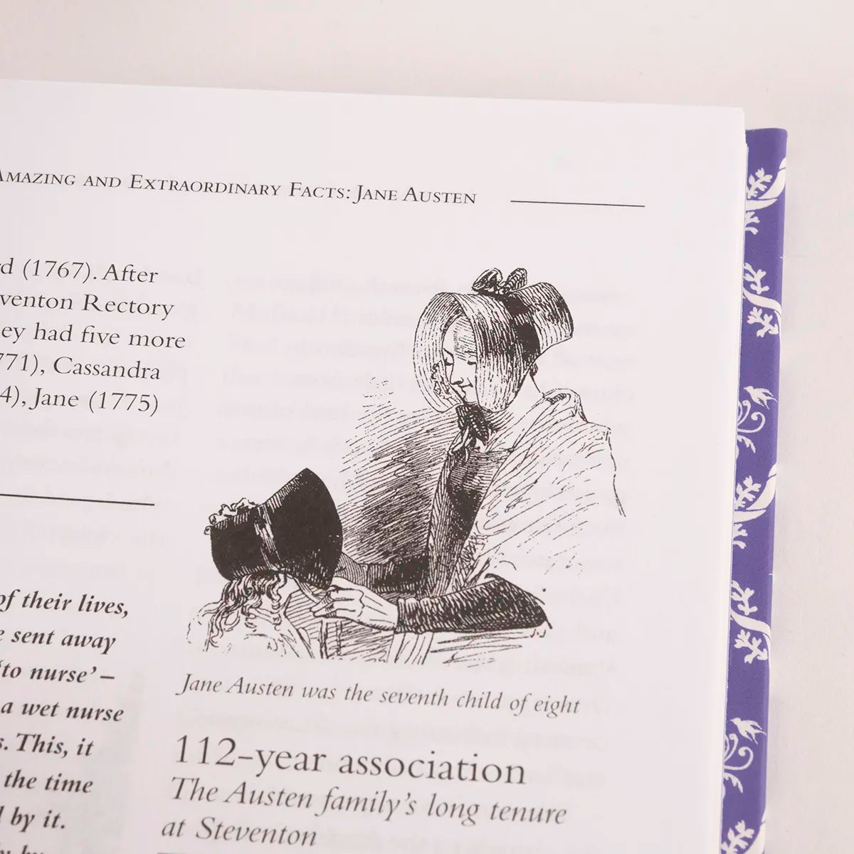 Interior page of Jane Austen - Amazing and Extraordinary Facts featuring an illustration of a young Jane Austen and her mother
