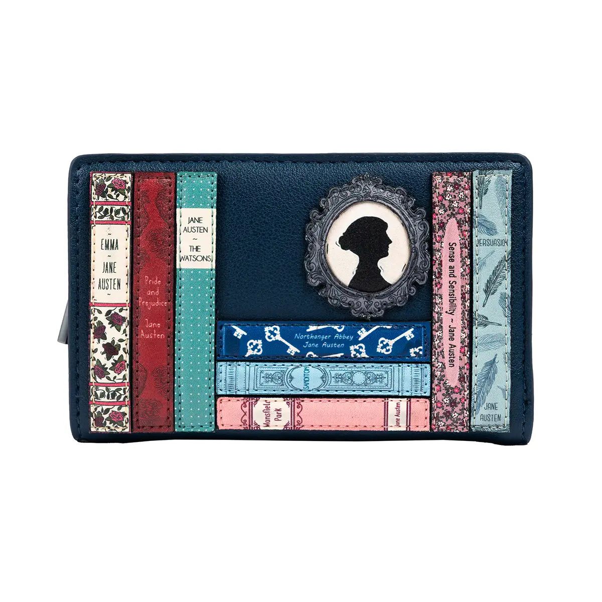 blue Jane Austen flap over purse against a white background