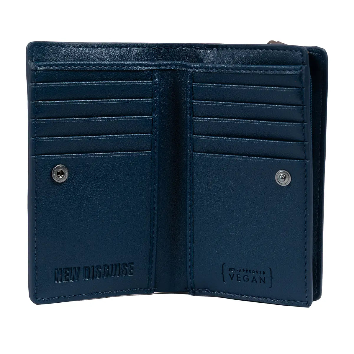 interior shot of New Disguise brand Jane Austen flap over purse in blue, with card slots and poppers