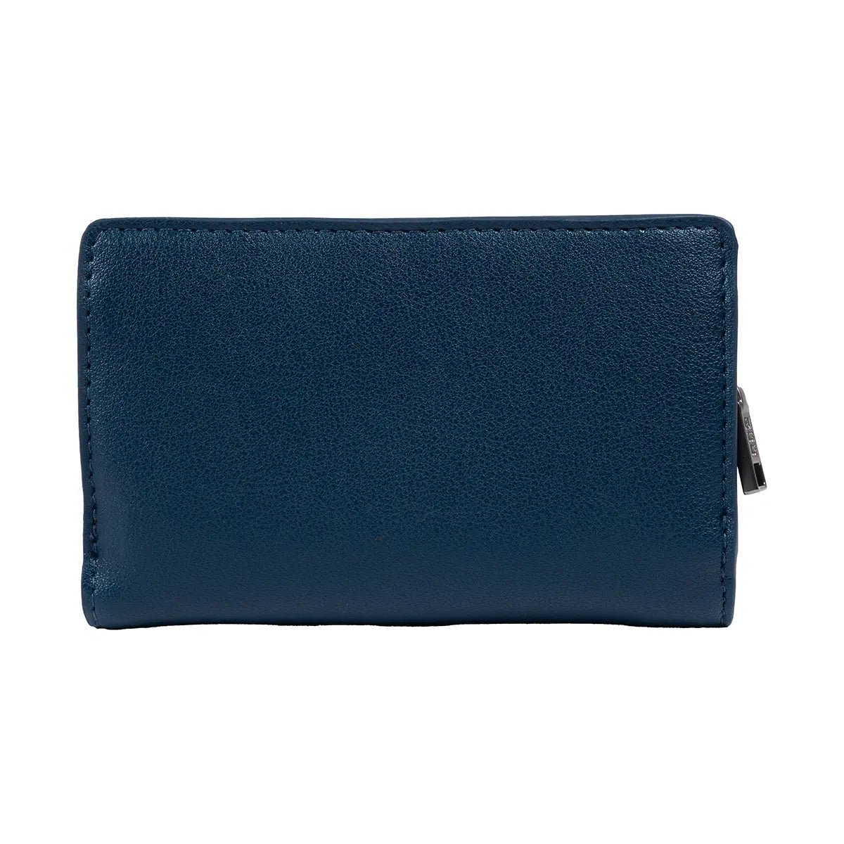 back view of blue jane austen flap over purse against white background