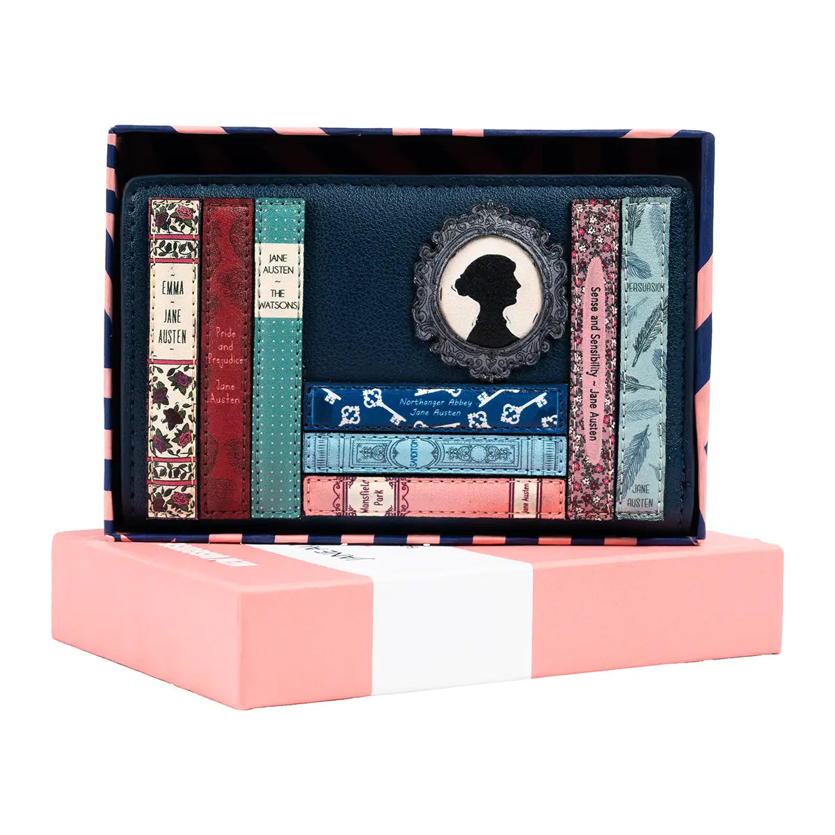 Jane Austen flap over purse in blue in a pink and blue penguin classics themed box against a white background