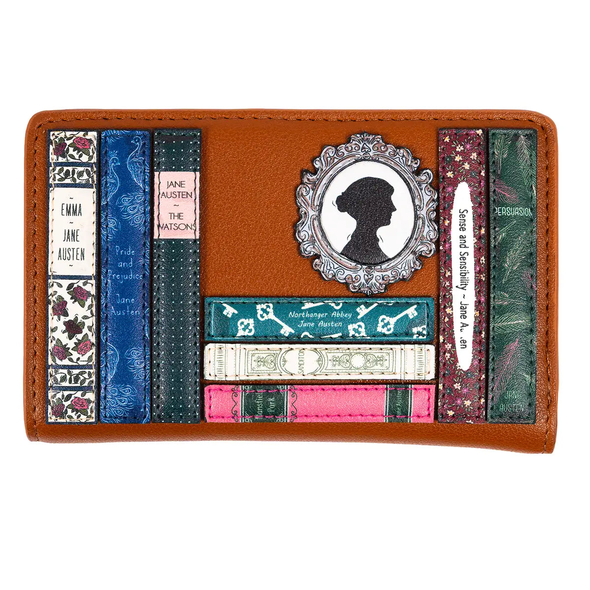 Jane Austen Book Club Flap Over Purse Tan against a white background