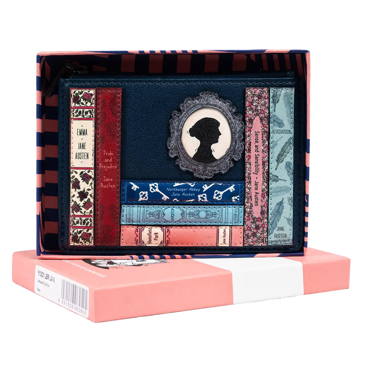 Jane Austen Book Club Zip Top Purse Navy in a box against a white background