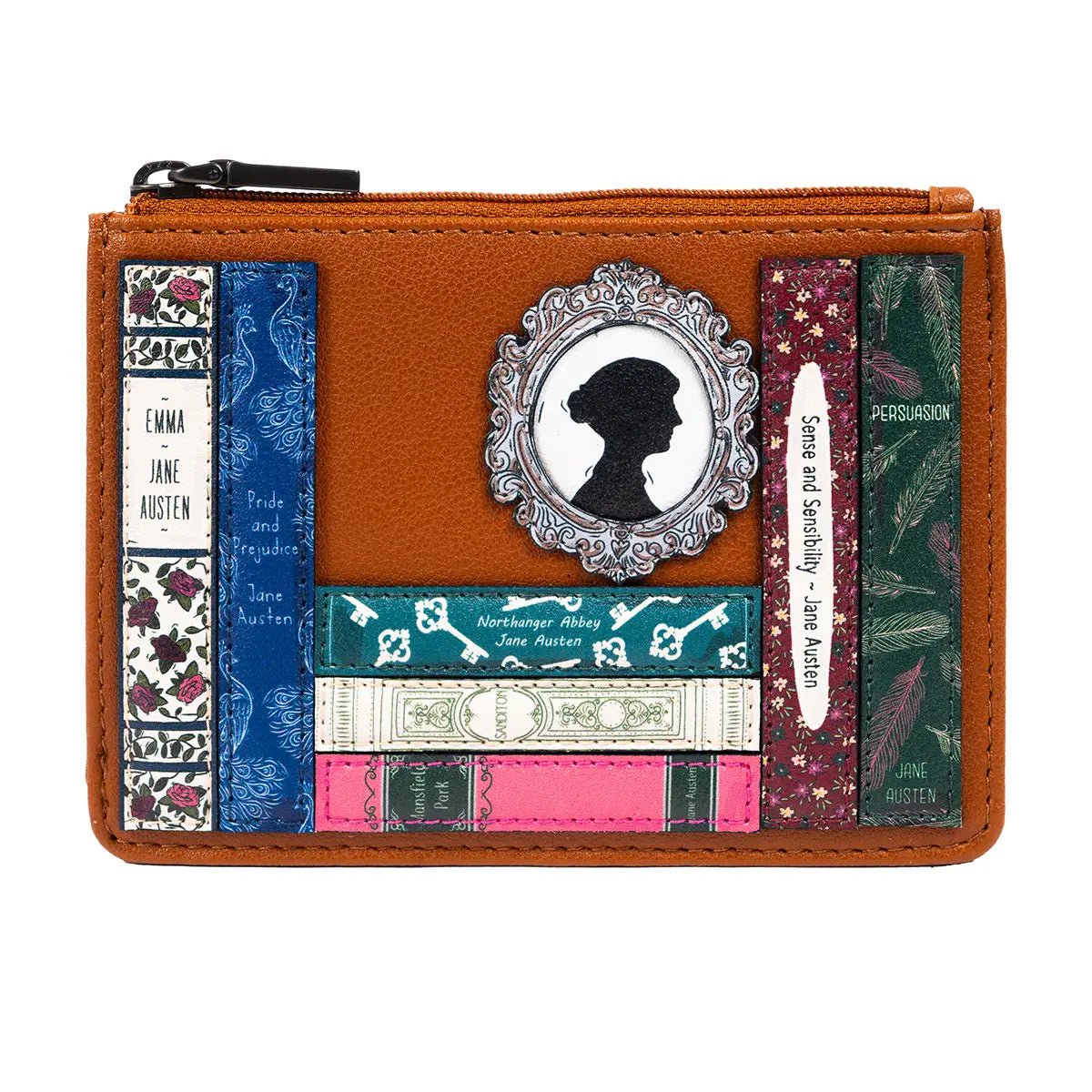 Tan Jane Austen zip top purse against a white background