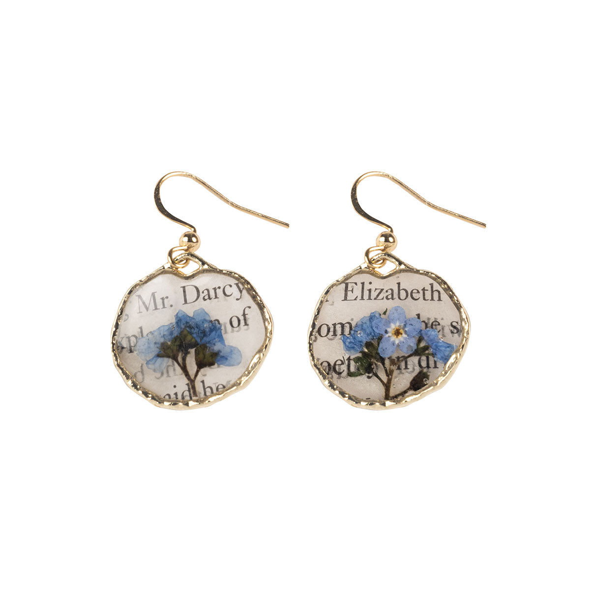 Jane Austen Book Page Earrings featuring pressed Forget Me Not flowers and text from Pride and Prejudice