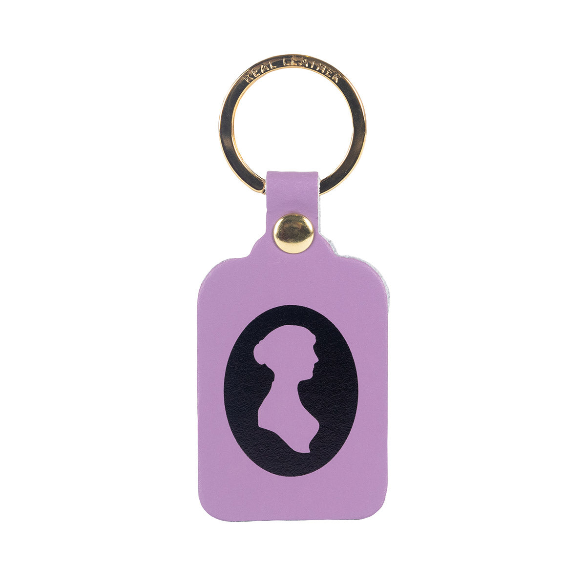 A lilac coloured keyring featuring a black embossed silhouette of Jane Austen